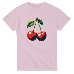 Pink retro cherry graphic tee for women featuring a vintage fruit design with green stems and leaves.