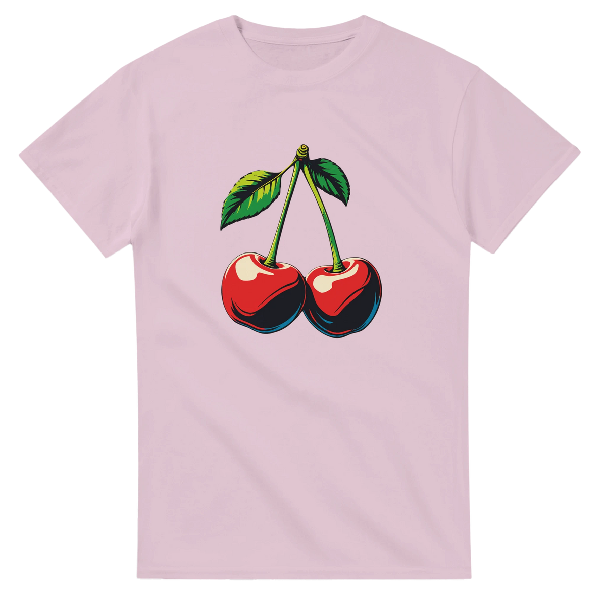 Pink retro cherry graphic tee for women featuring a vintage fruit design with green stems and leaves.
