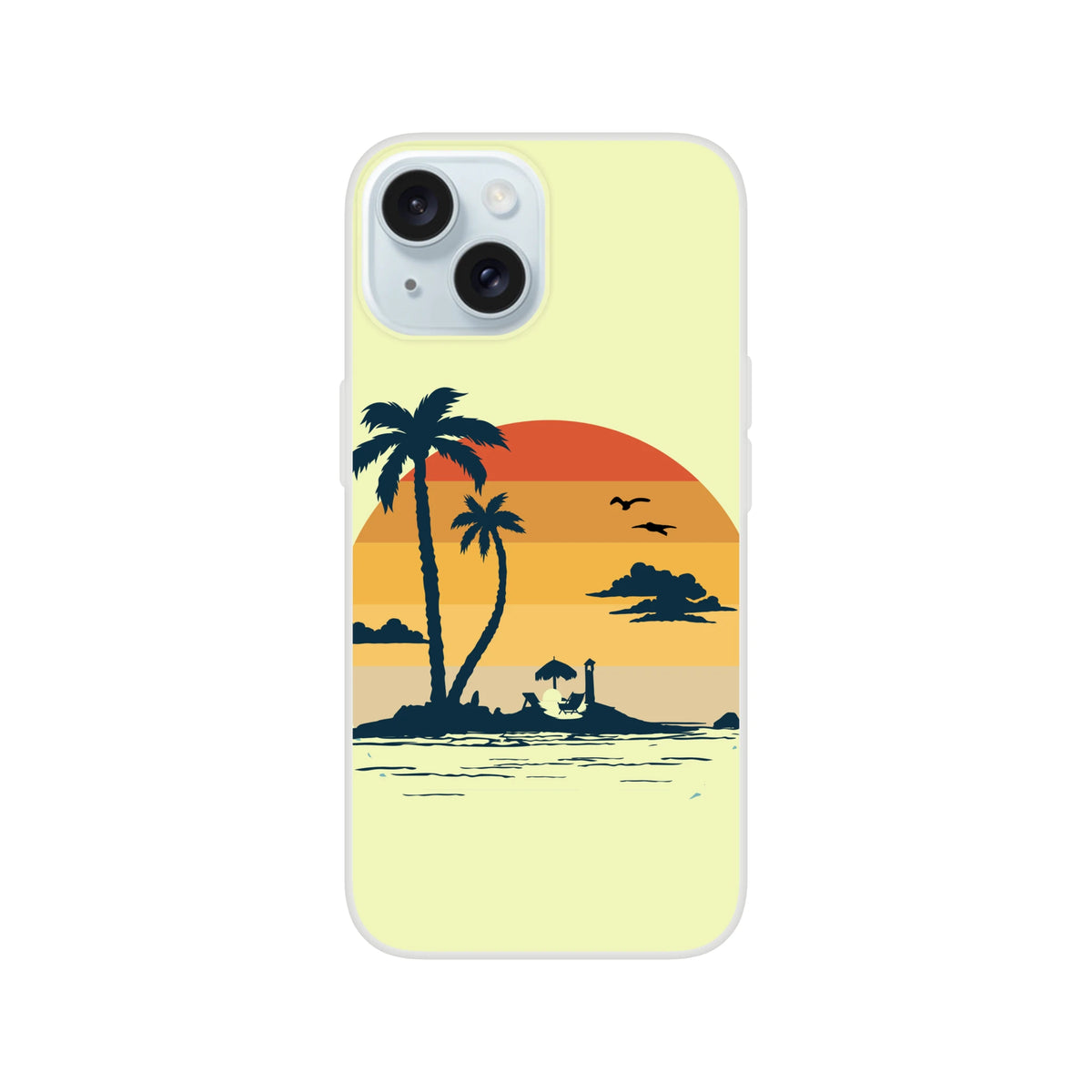 Retro Beach iPhone Case (13-16) with palm trees at sunset on pale yellow background.