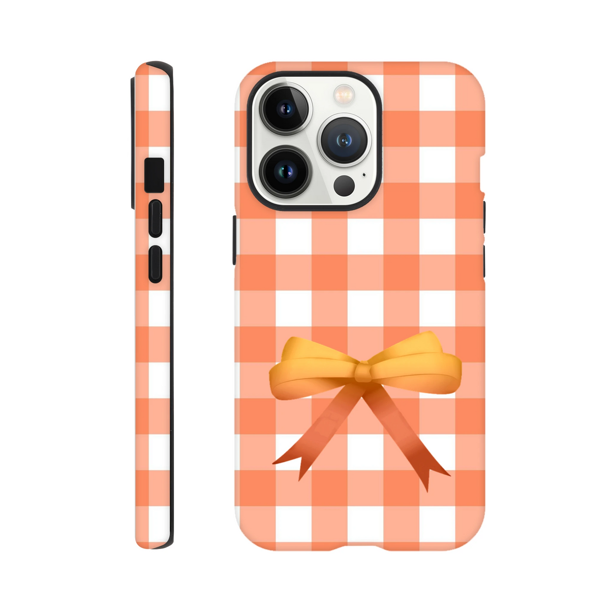 Orange gingham pattern iPhone case with a 3D coquette bow. Tough, impact-resistant phone cover featuring a bold check design for daily protection.