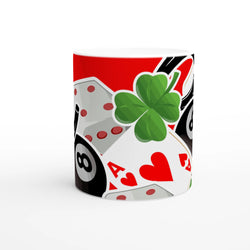 Ceramic coffee cup featuring casino themed graphics including an 8 ball, ace of hearts, dice, and lucky four leaf clover.