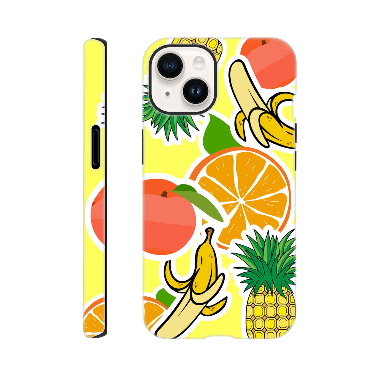 Yellow tough iPhone case featuring a bold tropical sticker design with orange, banana, and pineapple graphics.