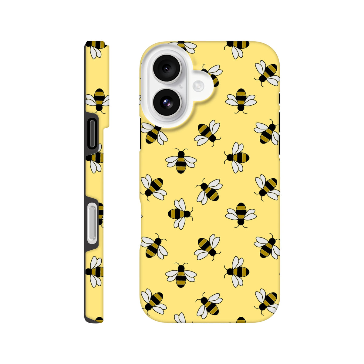 Yellow iPhone case featuring a cute repeating bumble bee pattern for tough everyday protection on iPhone 13-16 models.