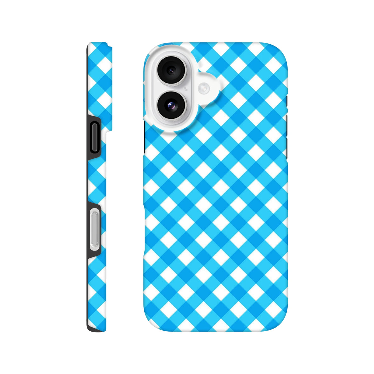 Retro blue gingham checkered iPhone case with shock-absorbing protection and wireless charging compatibility for daily use.