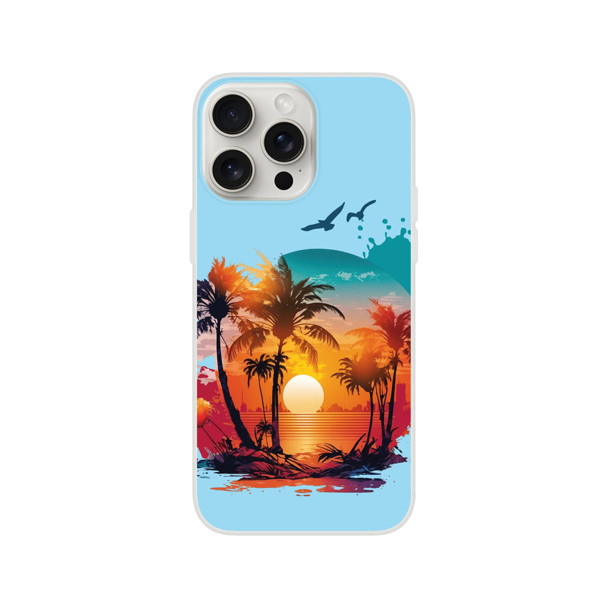 Cute Sunset iPhone Case (13-16) with palm trees and sunset over blue ocean, Y2K aesthetic.