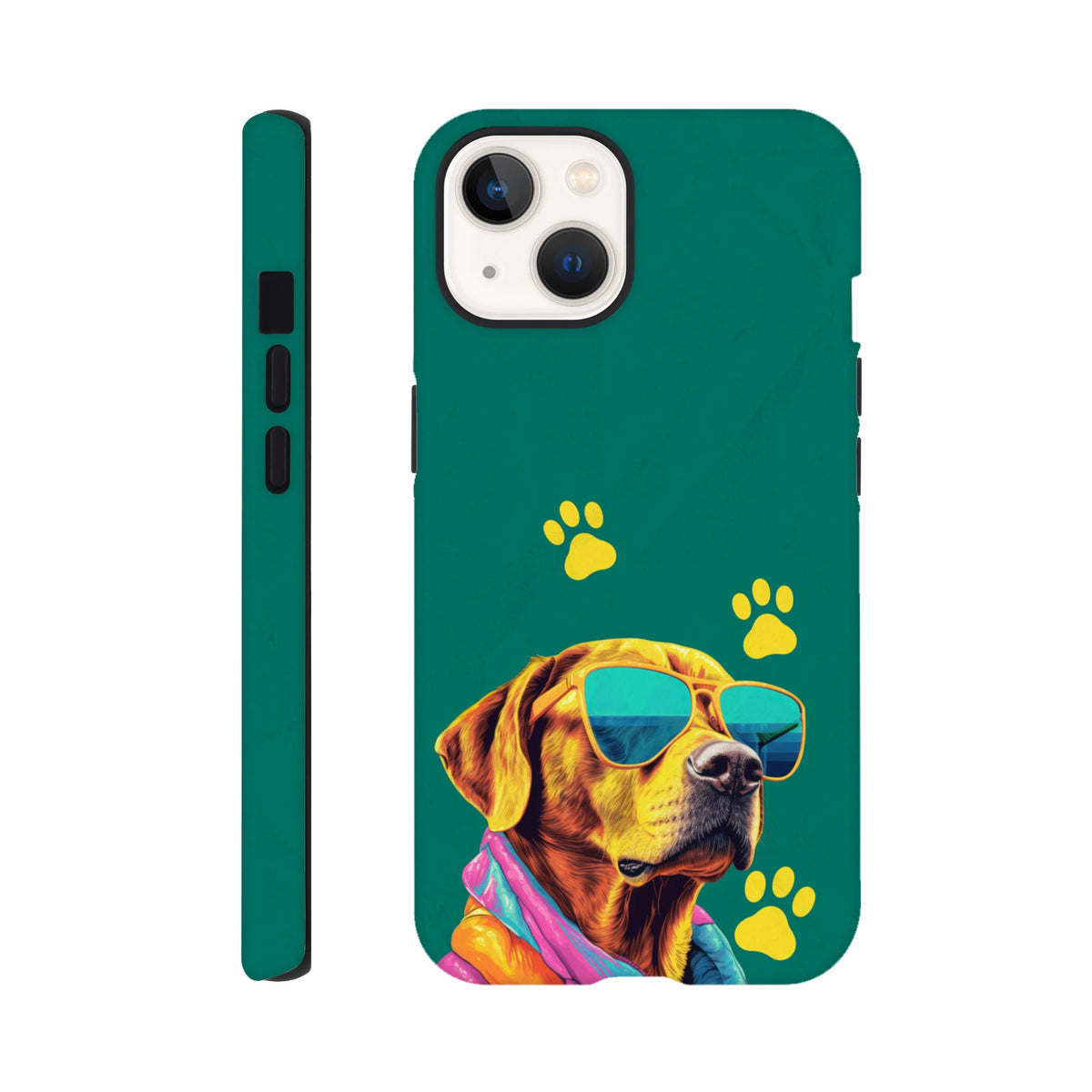 Teal iPhone case featuring a cool dog wearing sunglasses and a colorful scarf, decorated with yellow paw prints.