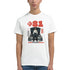 White JDM graphic tee with a person standing before an open-hood car and a bold red 81.