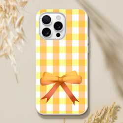 Yellow gingham bow iPhone case for 13-15 with cute coquette aesthetic