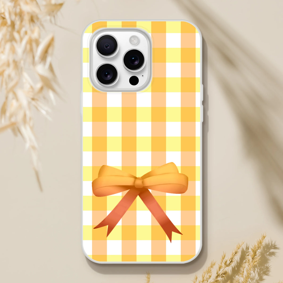 Yellow gingham bow iPhone case for 13-15 with cute coquette aesthetic