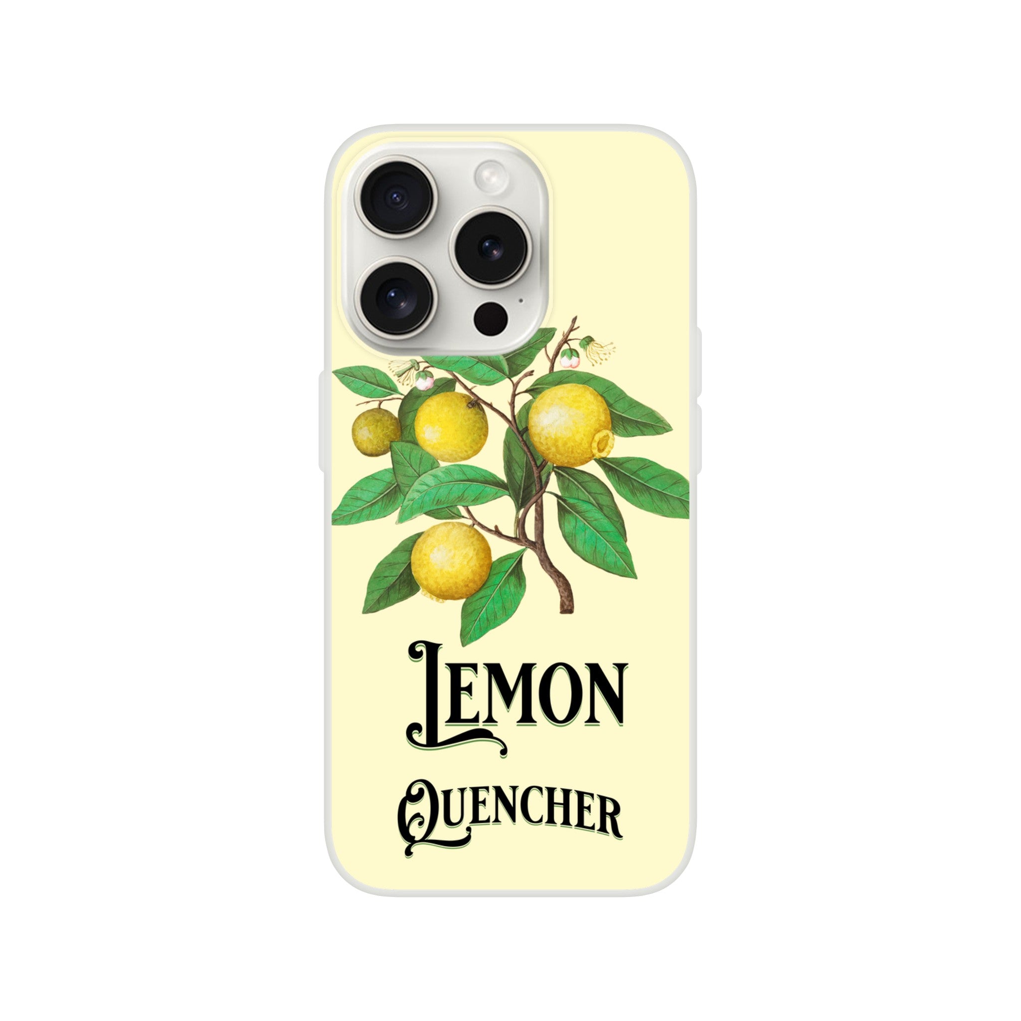 Lemon branch illustration on pale yellow slim iPhone case with LEMON QUENCHER typography.