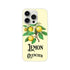 Lemon branch illustration on pale yellow slim iPhone case with LEMON QUENCHER typography.