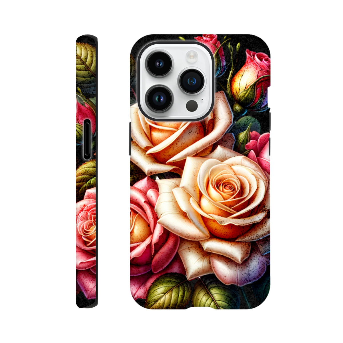 Tough floral iPhone case featuring romantic cream and pink rose garden artwork with reinforced corners for impact protection.