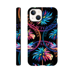 Vibrant tropical palm tree and circular text streetwear design on a tough black iPhone case.