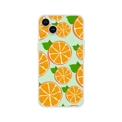 Cute orange citrus fruit iPhone case with sliced orange pattern on mint green background and frosted matte finish.
