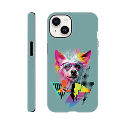 Teal iPhone case featuring a colorful pop art dog wearing sunglasses with retro geometric shapes and lightning bolts.