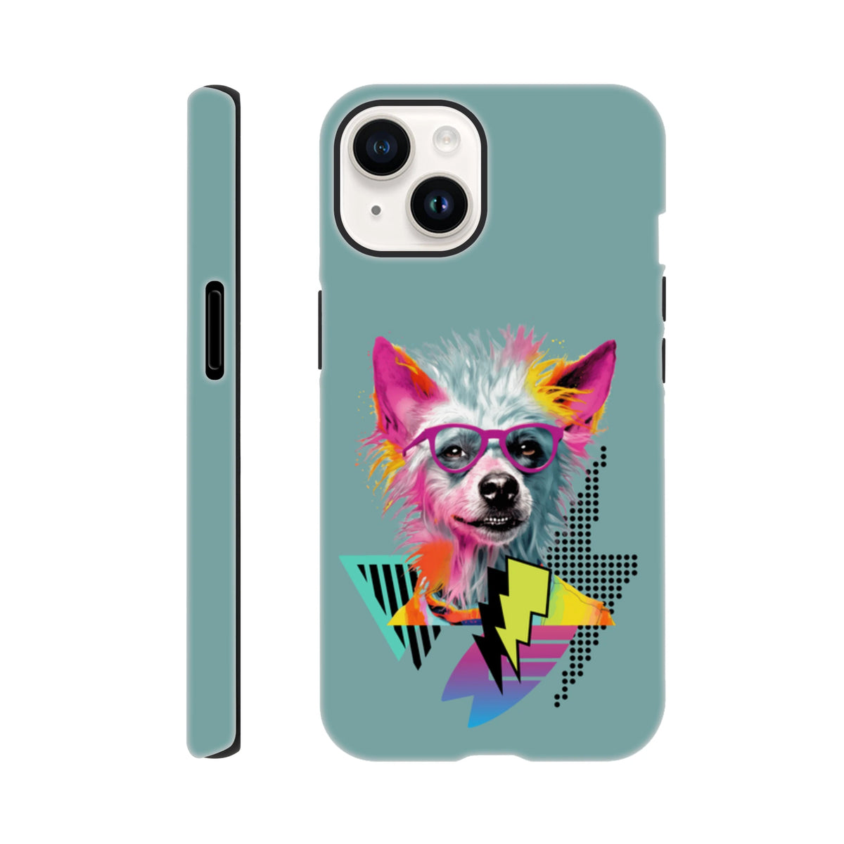 Teal iPhone case featuring a colorful pop art dog wearing sunglasses with retro geometric shapes and lightning bolts.
