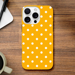 Orange & white polka dot tough iPhone case with shock-absorbing TPU shell for models 13-16. Cute phone cover with exact port access.