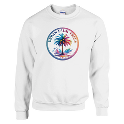 White men's pullover with colorful circular Urban Palm Trees palm tree logo.