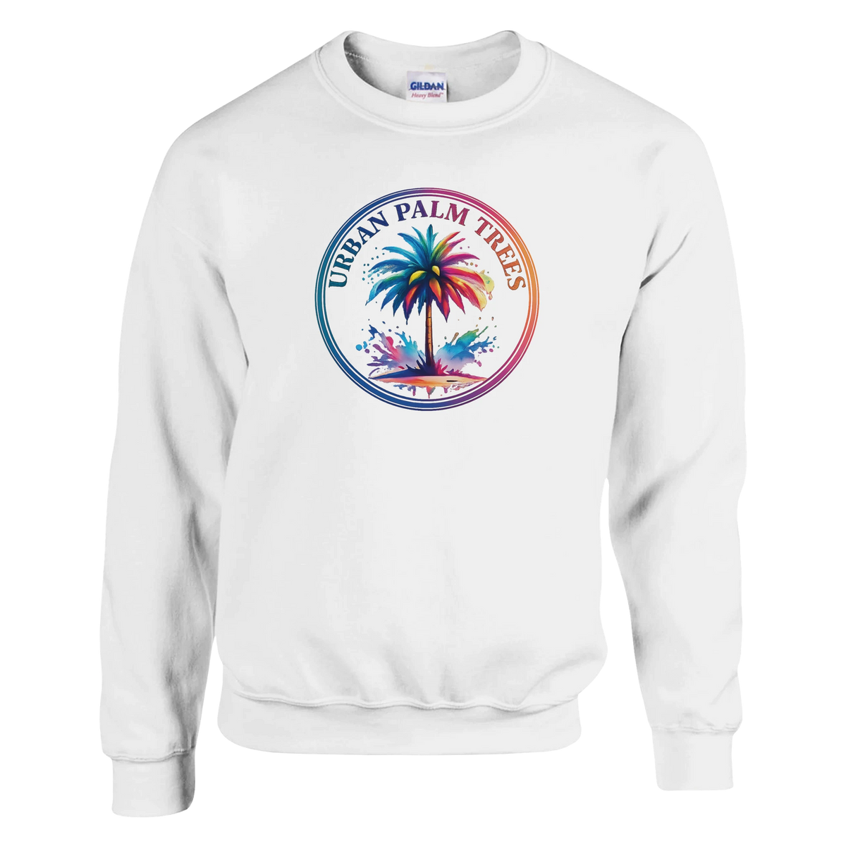White men's pullover with colorful circular Urban Palm Trees palm tree logo.