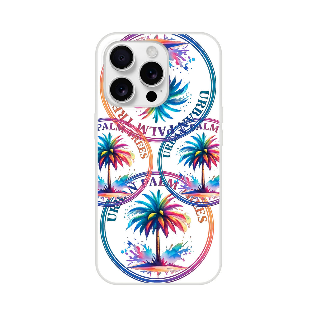 Urban Palm Trees iPhone case (13-16) with retro palm design, palm trees and colorful circular stamps.