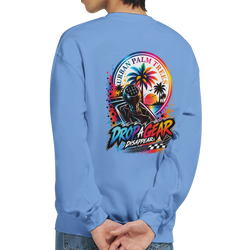 Light blue sweatshirt back with colorful retro graphic featuring a manual shift knob, palm trees, and "Drop A Gear" text.