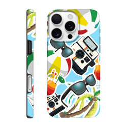 Vibrant summer holiday sticker effect iPhone case featuring palm trees, sunglasses, vintage cameras, and cocktails on a blue background.