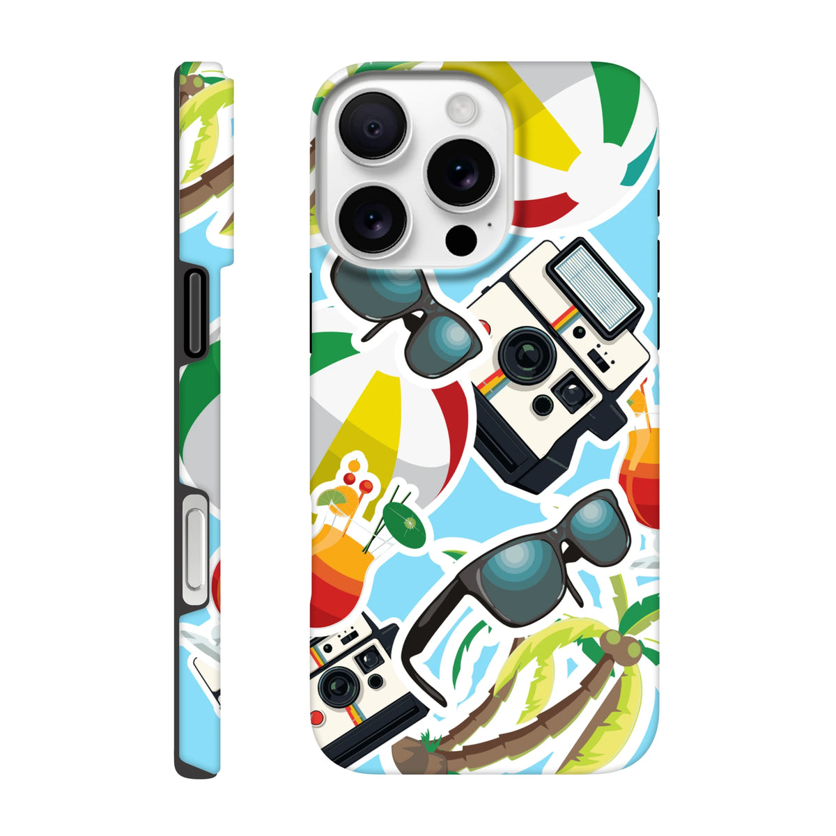Vibrant summer holiday sticker effect iPhone case featuring palm trees, sunglasses, vintage cameras, and cocktails on a blue background.