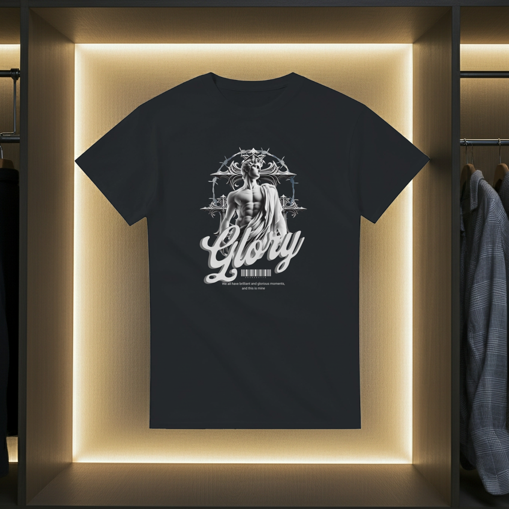 Black t-shirt with white graphic design on a clothing rack.