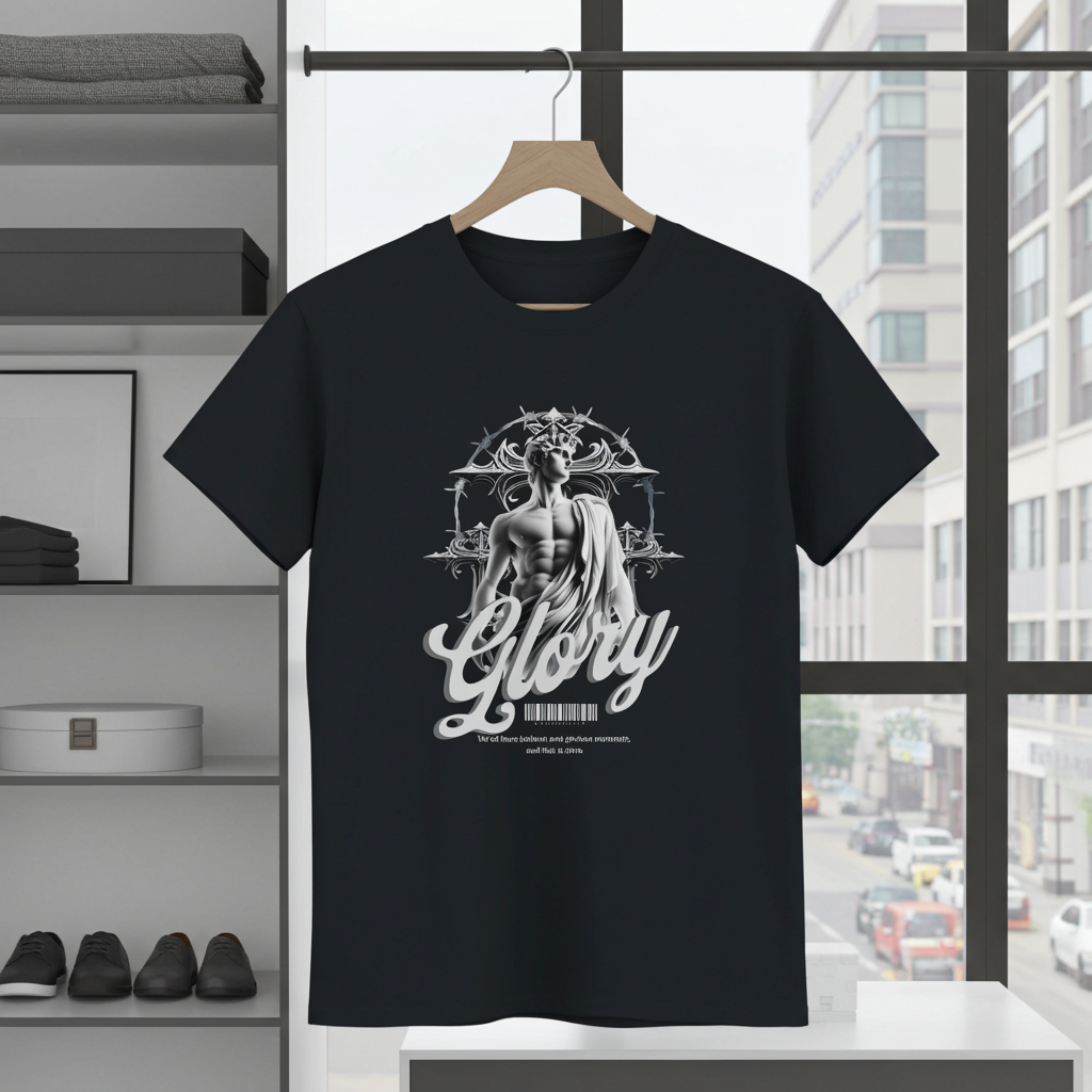 Black t-shirt with 'Glory' graphic design on a hanger in a room with a window view.
