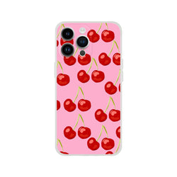 Pink Cherry iPhone case (13-16) with a slim, flexible matte shell and cherry pattern in a coquette aesthetic.