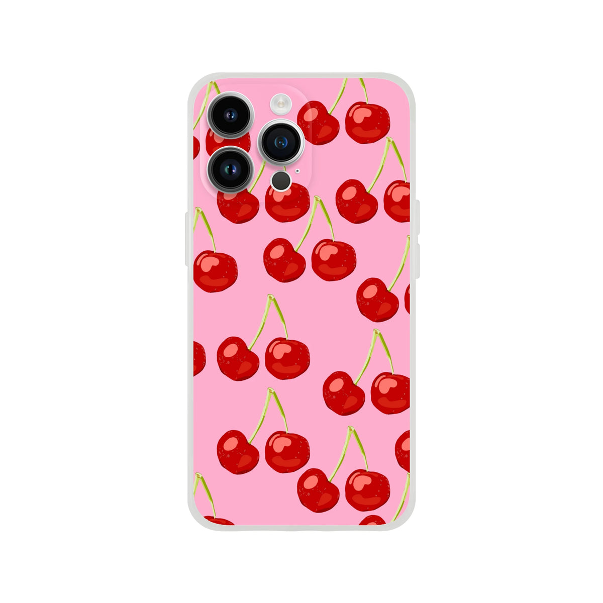 Pink Cherry iPhone case (13-16) with a slim, flexible matte shell and cherry pattern in a coquette aesthetic.