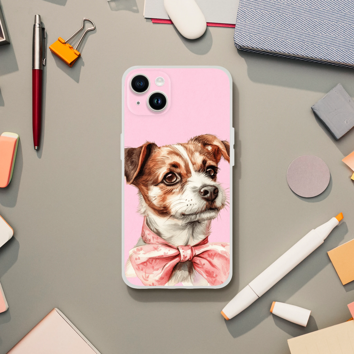 Pink iPhone case with a cute dog portrait and bow, retro aesthetic for iPhone 13-16