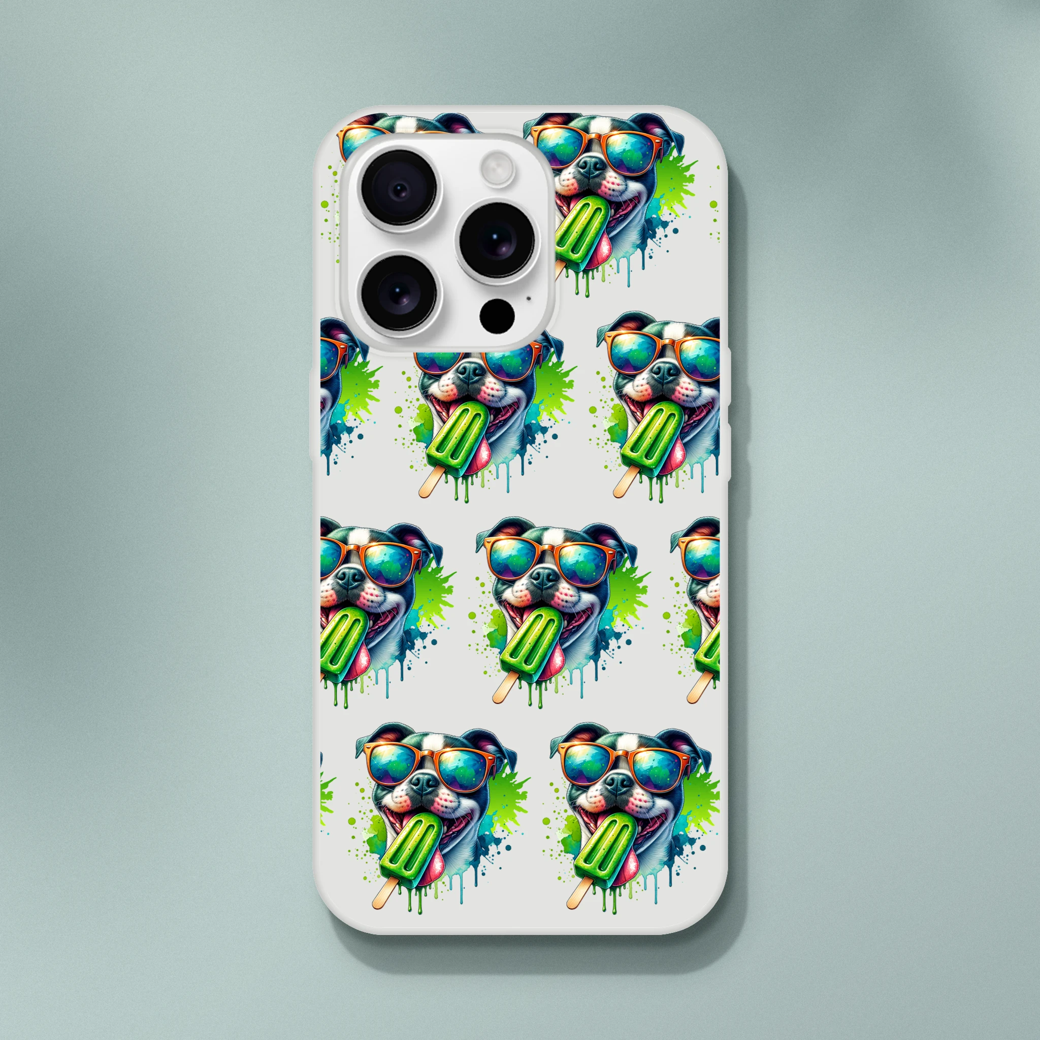 Transparent Chill Dog slim protective phone case with bulldog wearing sunglasses and popsicle pattern for iPhone 13-16