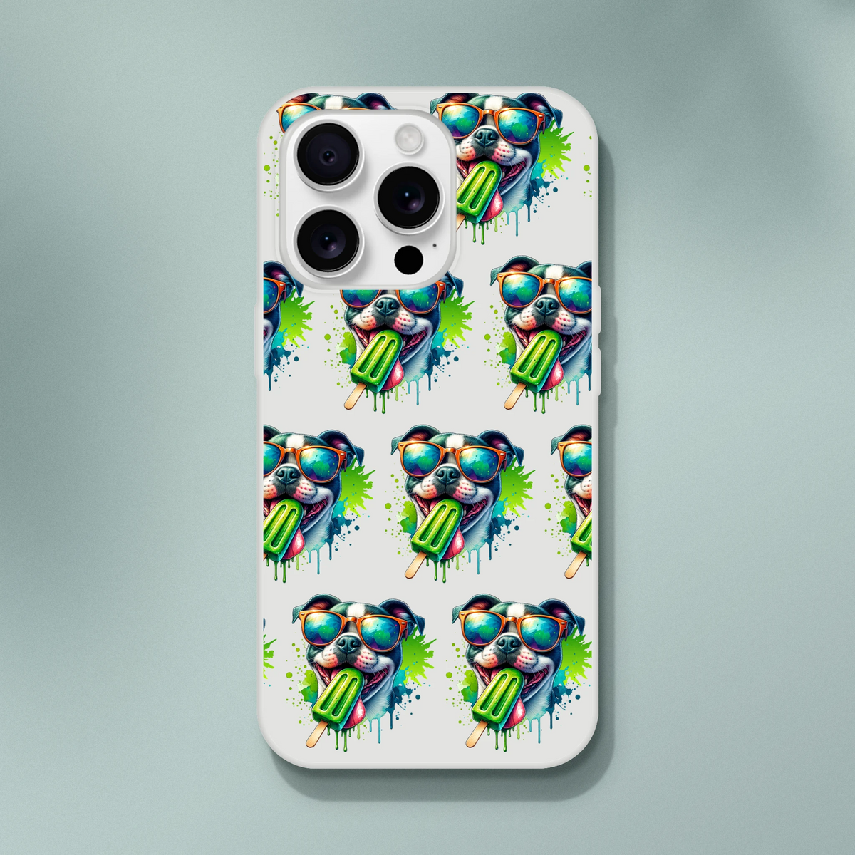 Transparent Chill Dog slim protective phone case with bulldog wearing sunglasses and popsicle pattern for iPhone 13-16