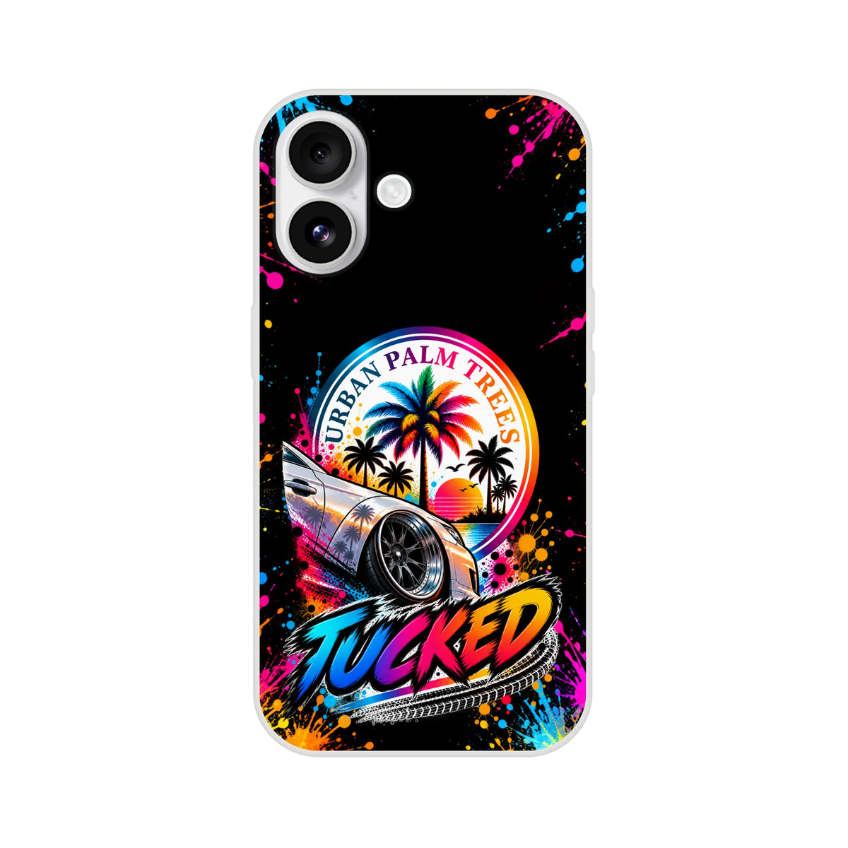 Tucked stance car culture iPhone case featuring a lowered vehicle, Urban Palm Trees logo, and vibrant paint splatter art.