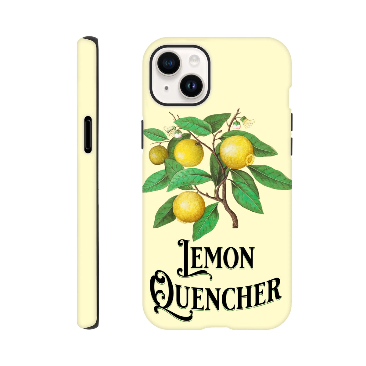 Vintage lemon tough iPhone case featuring retro fruit branch illustration and "Lemon Quencher" text on pale yellow background.