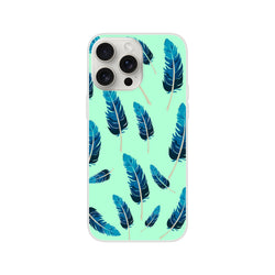 Mint-green iPhone case with blue feather motif and matte grip for iPhone 13-16