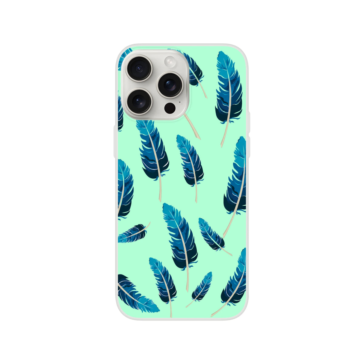 Mint-green iPhone case with blue feather motif and matte grip for iPhone 13-16