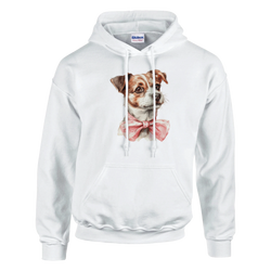 White women's hoodie featuring a cute dog graphic with a pink bow tie and front pouch pocket.