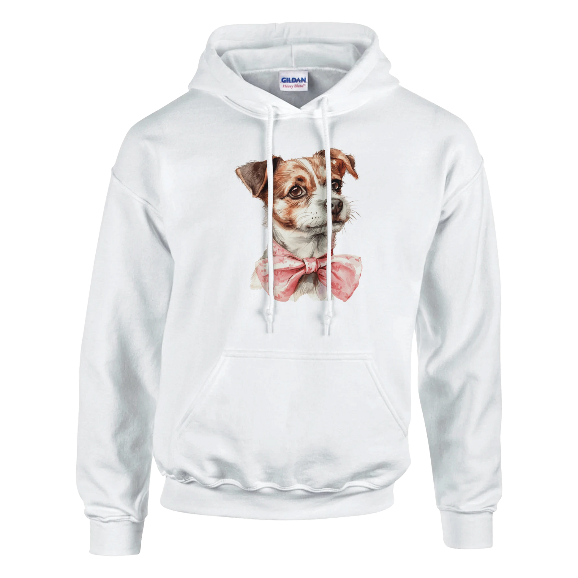 White women's hoodie featuring a cute dog graphic with a pink bow tie and front pouch pocket.