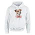 White women's hoodie featuring a cute dog graphic with a pink bow tie and front pouch pocket.