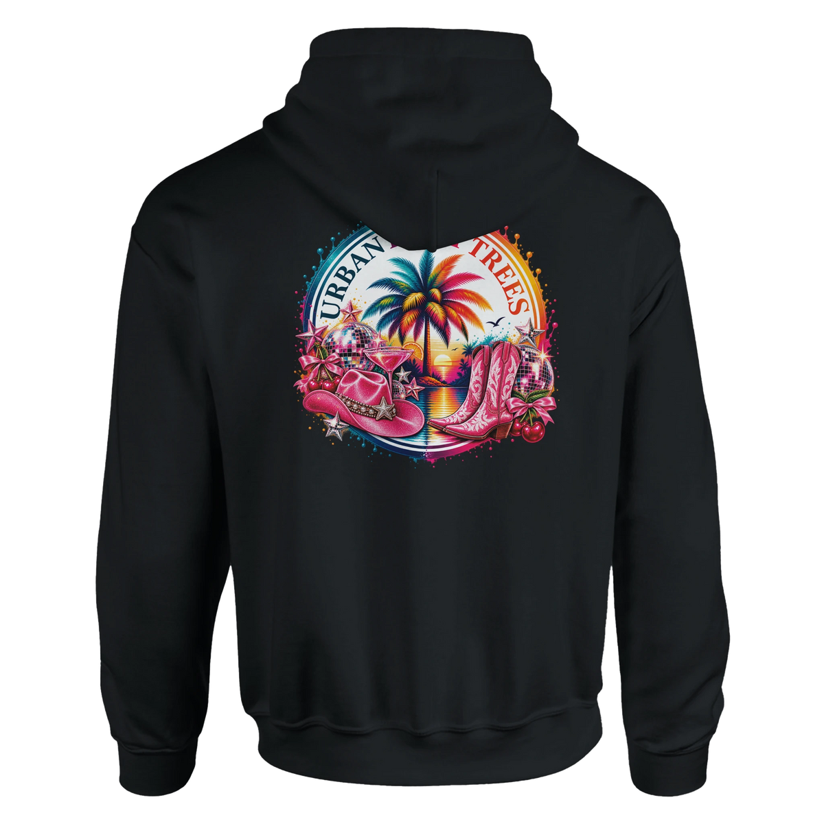 Black hoodie featuring a retro tropical back print with pink cowboy boots, hat, disco ball, and palm tree sunset graphic.