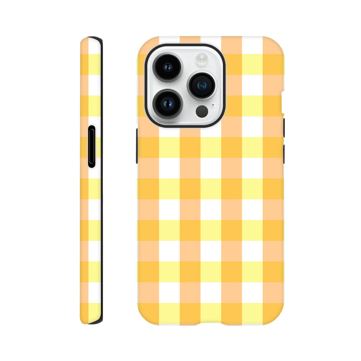 Retro yellow gingham checkered tough iPhone case with protective wraparound grid design for models 13 through 16.