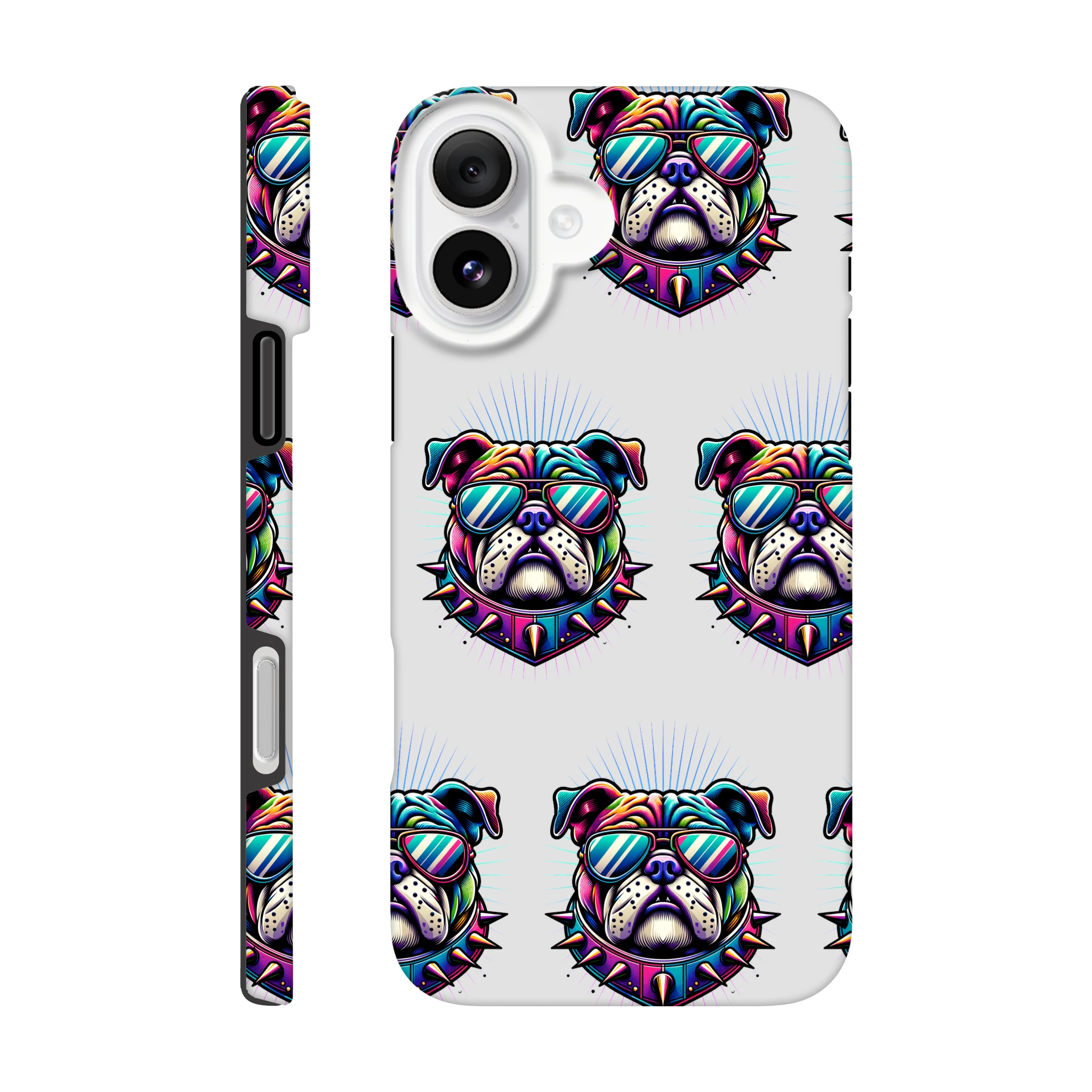 Bulldog iPhone case with wraparound print for iPhone 16 15 14 13, colorful sunglasses-wearing dog, spiked collar, glossy finish.
