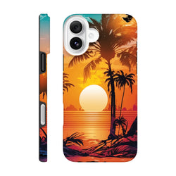 Retro tropical sunset iPhone case featuring palm tree silhouettes and vibrant orange gradient over water for a vintage beach aesthetic.