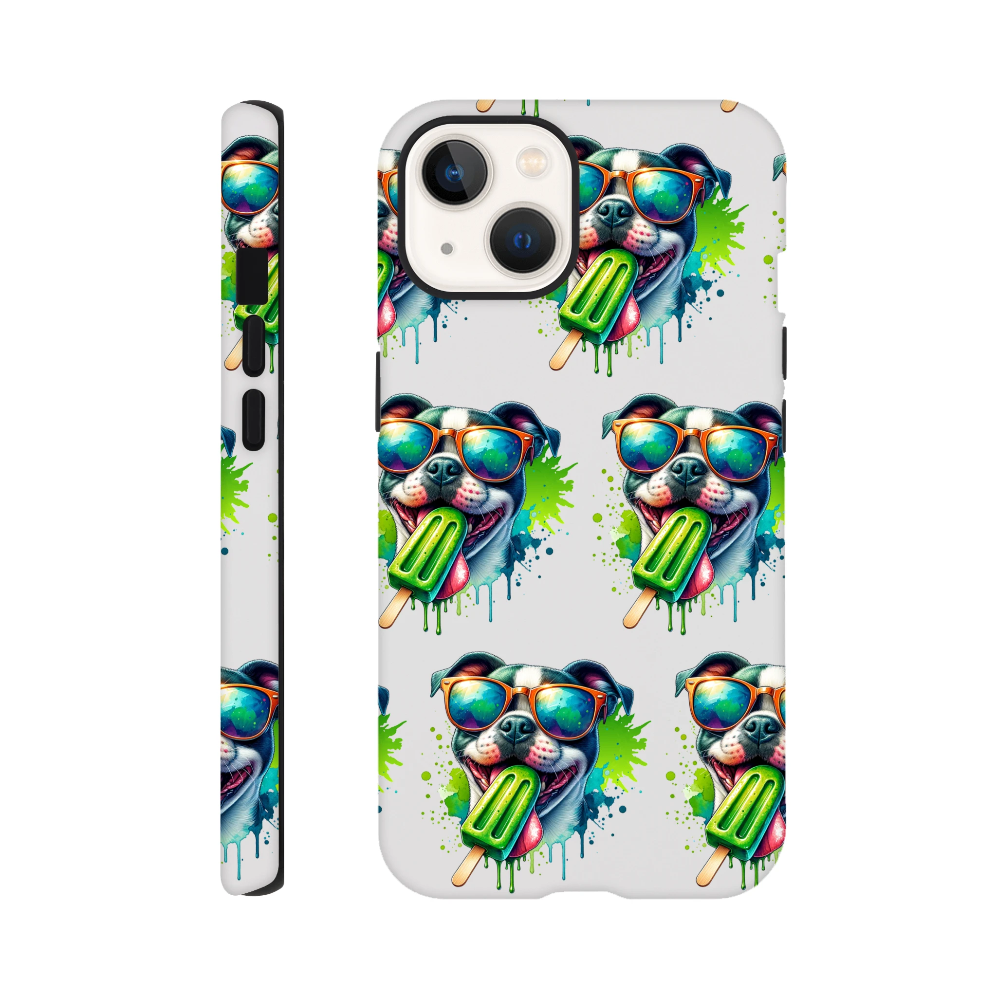 Chill Dog Tough iPhone Case with wraparound print of sunglasses-wearing dog and popsicle (iPhone 16/15/14/13)
