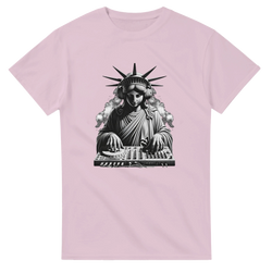 Pink t-shirt featuring a black and white graphic of the Statue of Liberty wearing headphones and mixing on a DJ turntable.