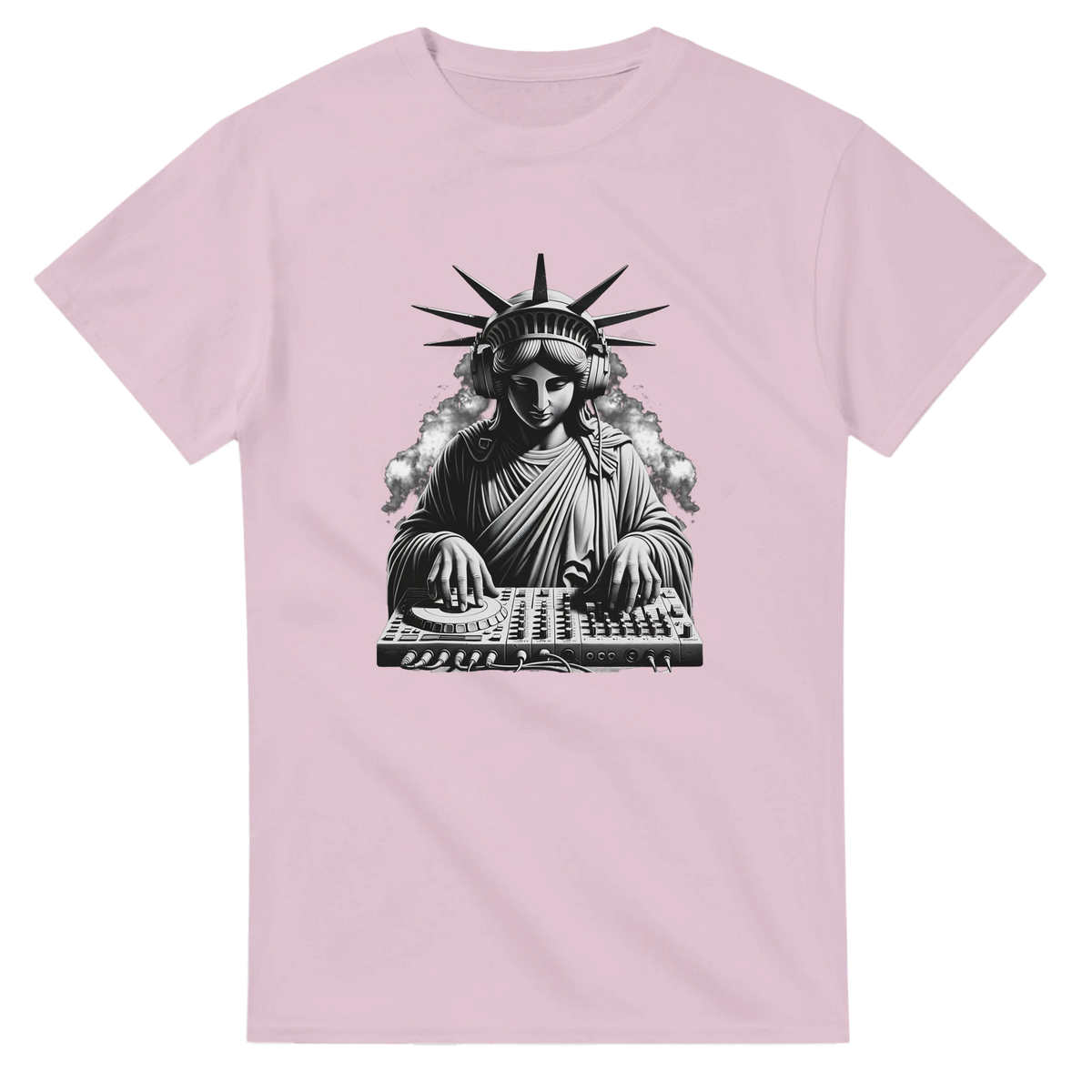 Pink t-shirt featuring a black and white graphic of the Statue of Liberty wearing headphones and mixing on a DJ turntable.