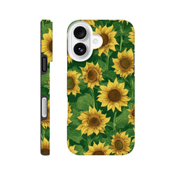 Tough iPhone case featuring a vibrant wraparound print of yellow sunflowers and green leaves for everyday drop protection.