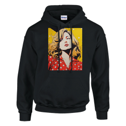 Black pullover hoodie featuring a vintage pop art graphic of a blonde woman in a red polka dot shirt against a yellow background.